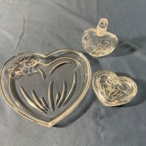 Clear Glass Heart Shaped Trinket Dish Perfume Bottle Set Rose Etched Decor